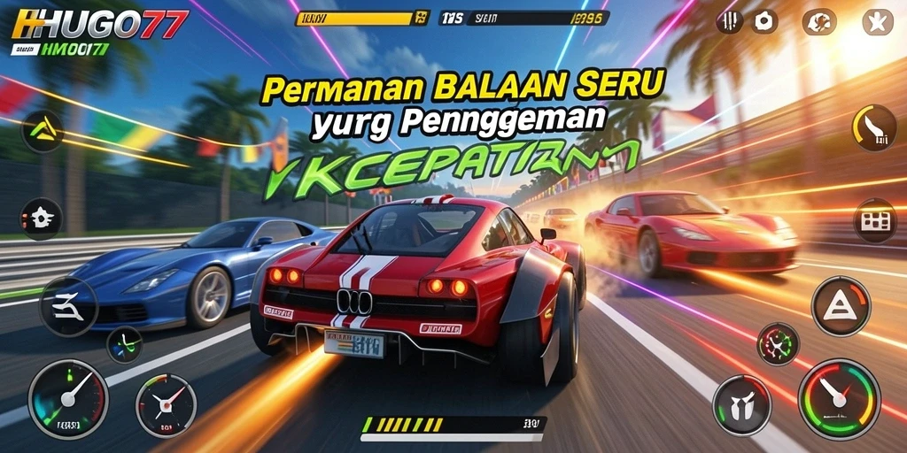 Screenshot gameplay HUGO77 menampilkan balapan intens dan kendaraan yang beragam.