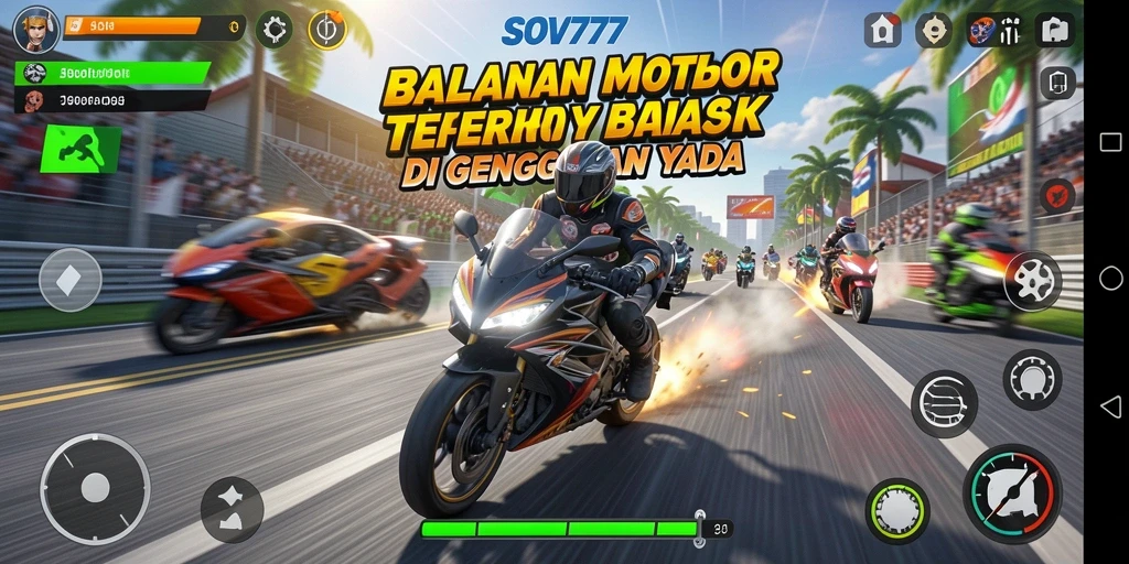 Gameplay SOV777 menampilkan aksi seru balapan motor di lintasan.